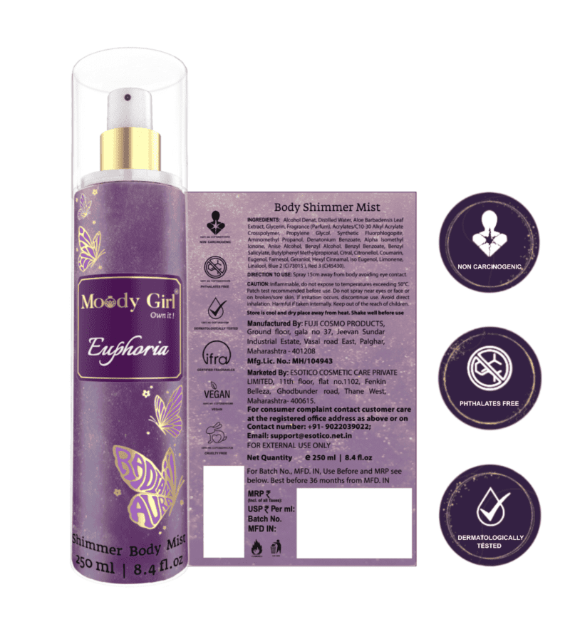Shimmer body mist in a clear bottle with a gold spray nozzle, featuring a light shimmer effect and floral fragrance label