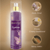 Shimmer body mist in a clear bottle with a gold spray nozzle, featuring a light shimmer effect and floral fragrance label