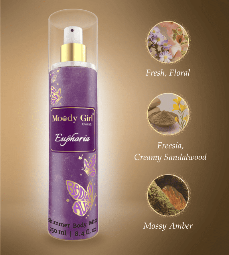 Shimmer body mist in a clear bottle with a gold spray nozzle, featuring a light shimmer effect and floral fragrance label