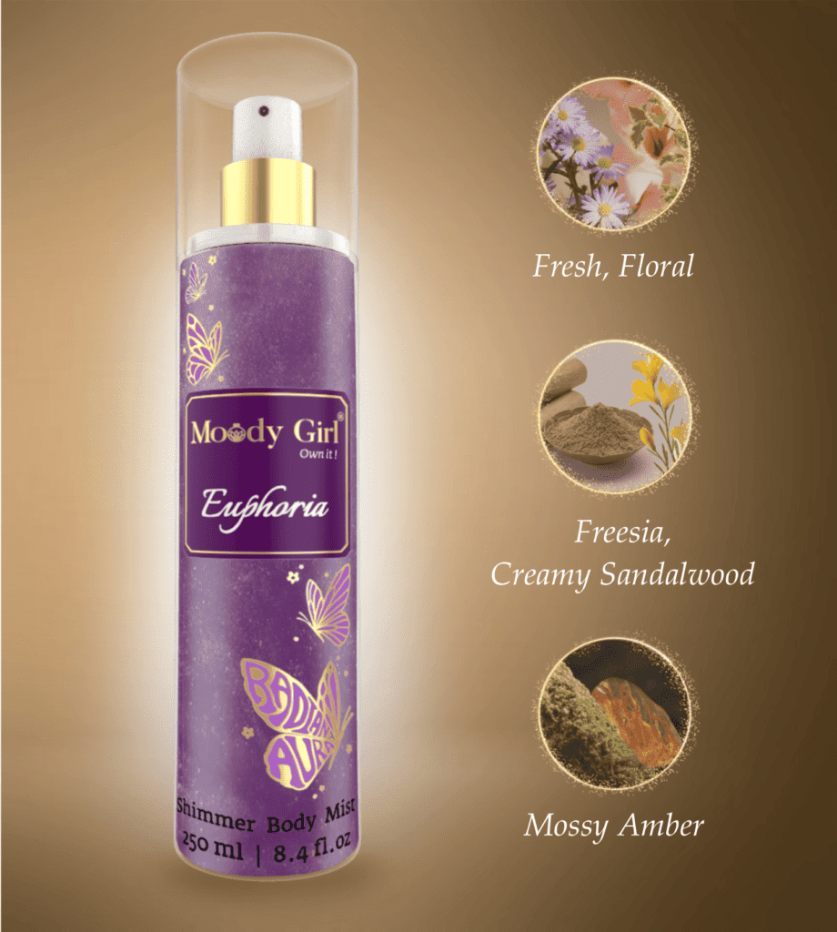 Shimmer body mist in a clear bottle with a gold spray nozzle, featuring a light shimmer effect and floral fragrance label