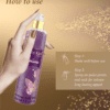 Shimmer body mist in a clear bottle with a gold spray nozzle, featuring a light shimmer effect and floral fragrance label