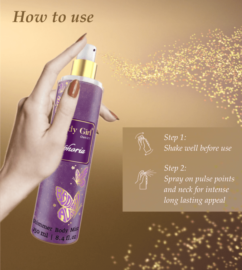 Shimmer body mist in a clear bottle with a gold spray nozzle, featuring a light shimmer effect and floral fragrance label