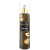 "Shimmer body mist in a clear bottle with a gold spray nozzle, featuring a light shimmer effect and Tonka Bean fragrance label."