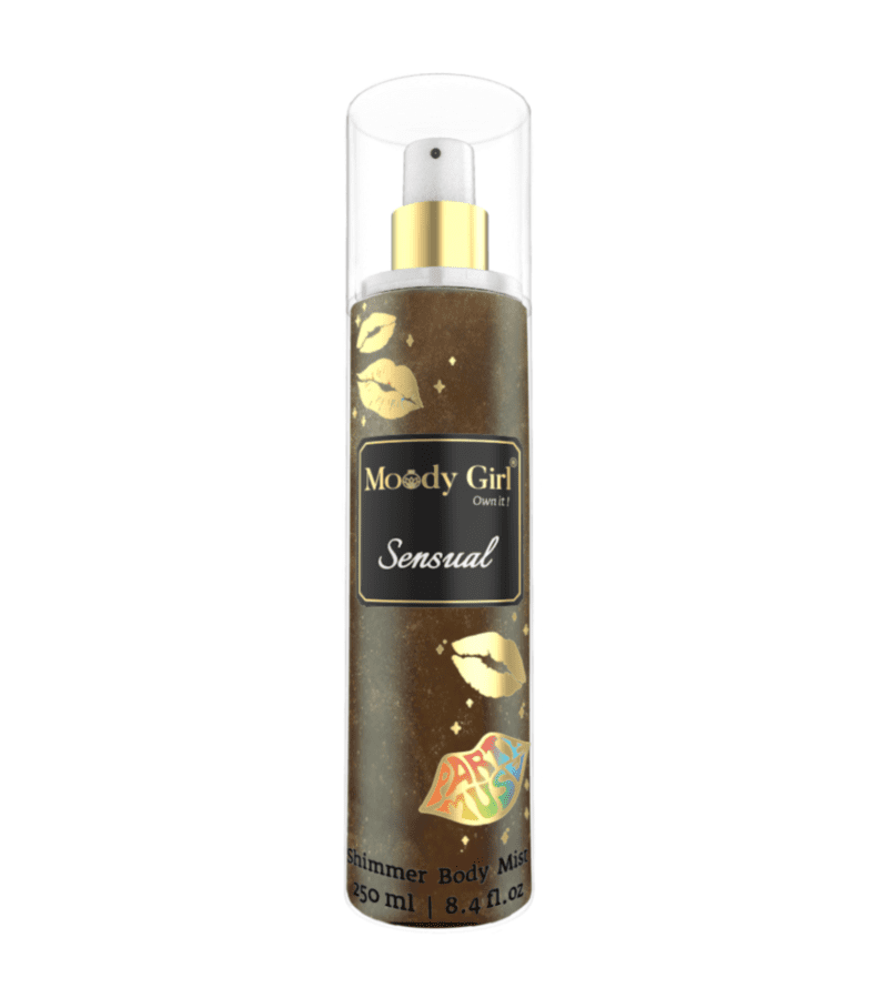 "Shimmer body mist in a clear bottle with a gold spray nozzle, featuring a light shimmer effect and Tonka Bean fragrance label."