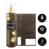 "Shimmer body mist in a clear bottle with a gold spray nozzle, featuring a light shimmer effect and Tonka Bean fragrance label."