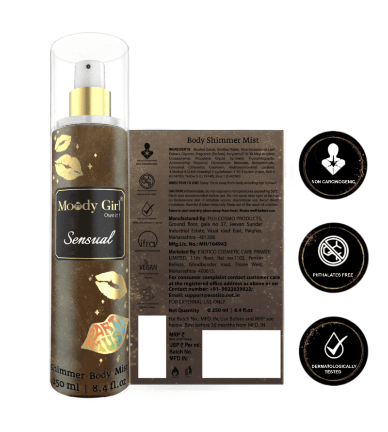 "Shimmer body mist in a clear bottle with a gold spray nozzle, featuring a light shimmer effect and Tonka Bean fragrance label."