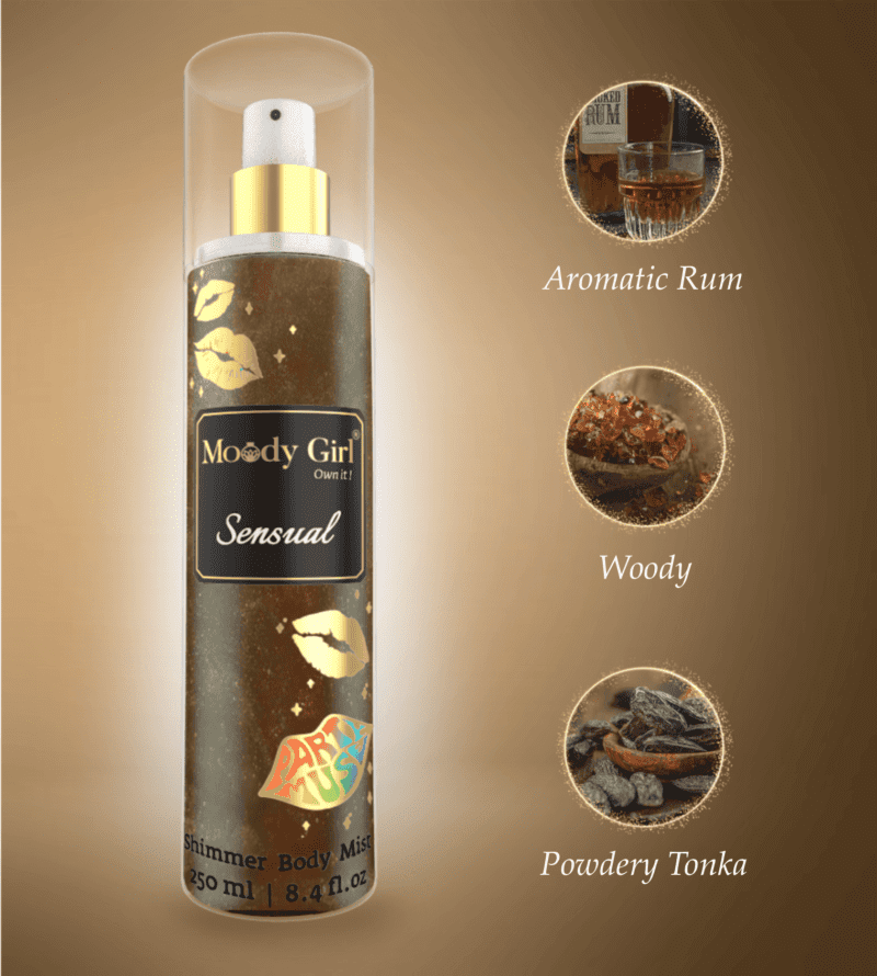 Shimmer body mist in a clear bottle with a gold spray nozzle, featuring a light shimmer effect and floral fragrance label
