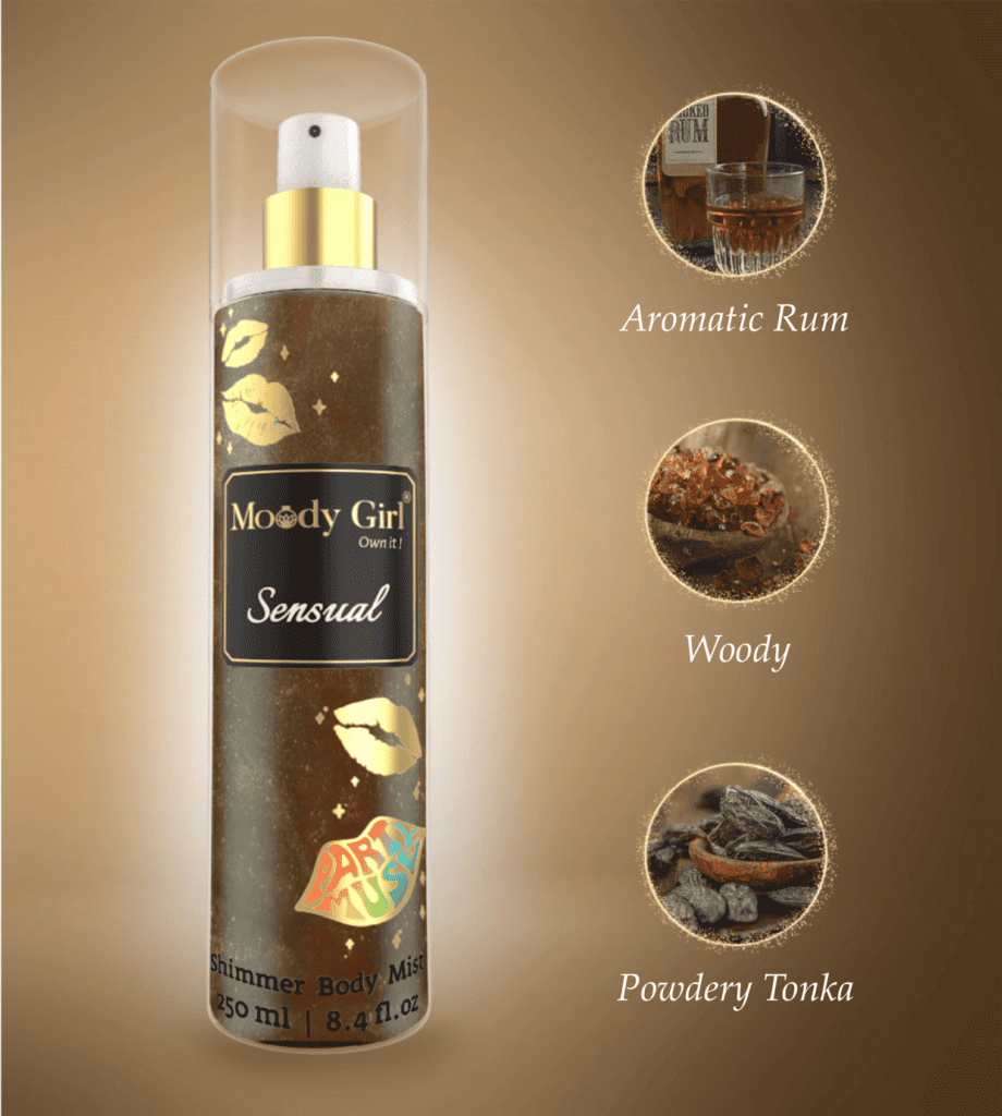 Shimmer body mist in a clear bottle with a gold spray nozzle, featuring a light shimmer effect and floral fragrance label