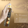 "Shimmer body mist in a clear bottle with a gold spray nozzle, featuring a light shimmer effect and Tonka Bean fragrance label."