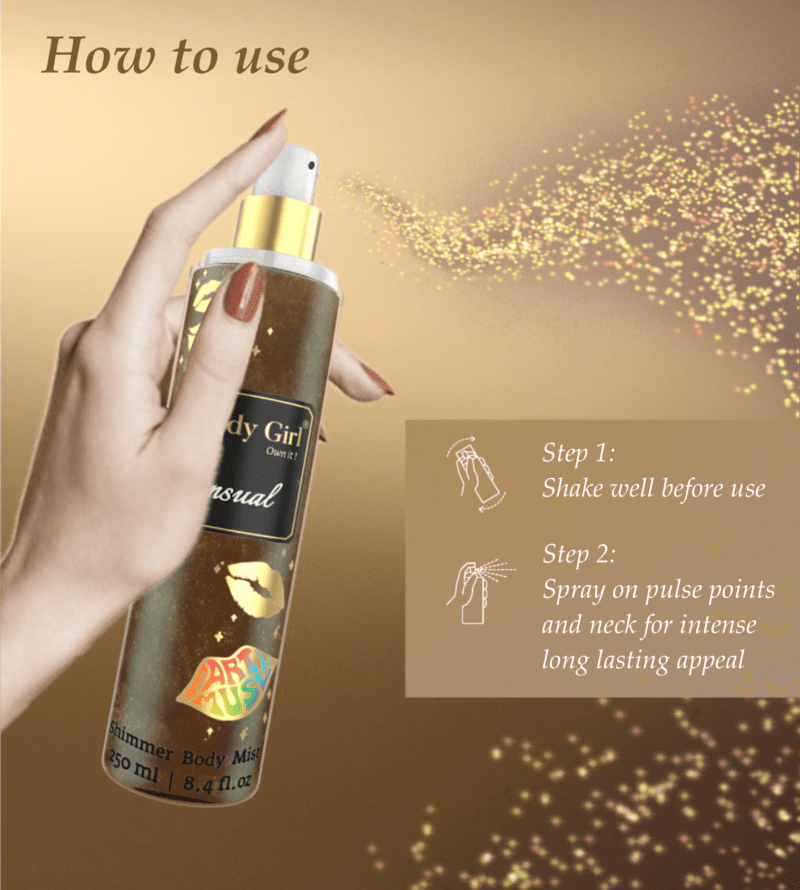 "Shimmer body mist in a clear bottle with a gold spray nozzle, featuring a light shimmer effect and Tonka Bean fragrance label."