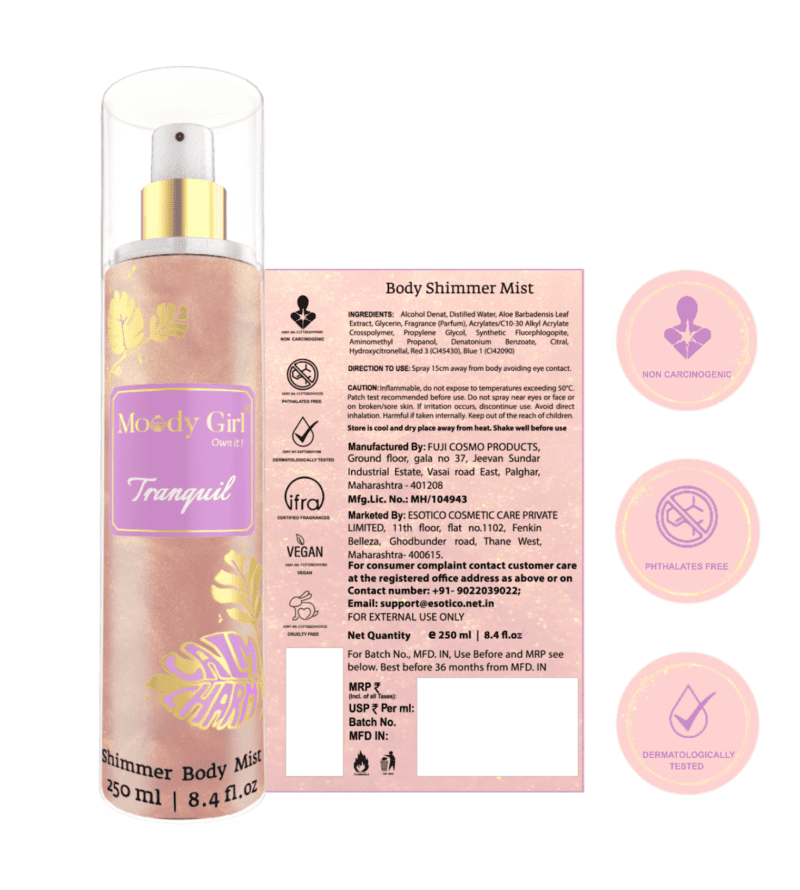 Shimmer body mist in a clear bottle with a gold spray nozzle, featuring a light shimmer effect and floral fragrance label