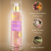 Shimmer body mist in a clear bottle with a gold spray nozzle, featuring a light shimmer effect and floral fragrance label