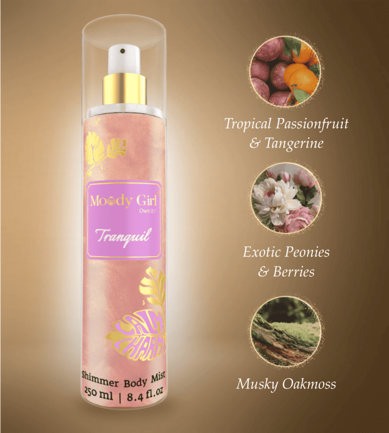 Shimmer body mist in a clear bottle with a gold spray nozzle, featuring a light shimmer effect and floral fragrance label
