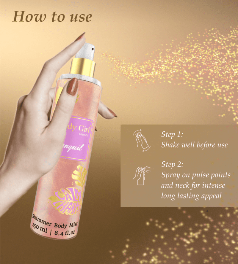 Shimmer body mist in a clear bottle with a gold spray nozzle, featuring a light shimmer effect and floral fragrance label