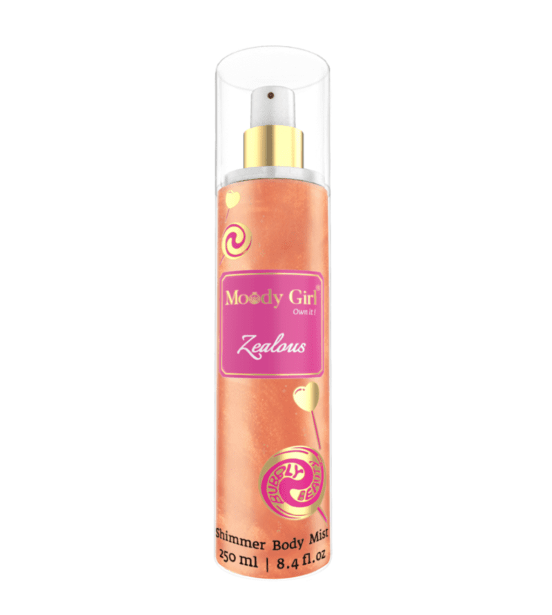 Shimmer body mist in a clear bottle with a gold spray nozzle, featuring a light shimmer effect and sweet fragrance label