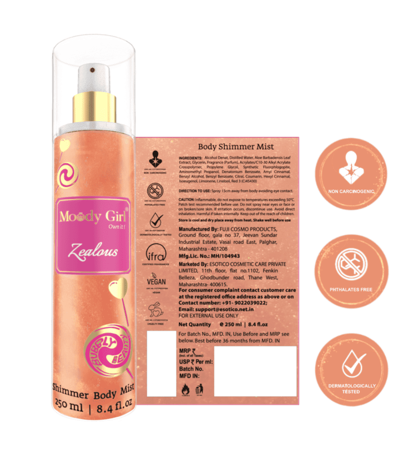 Shimmer body mist in a clear bottle with a gold spray nozzle, featuring a light shimmer effect and floral fragrance label