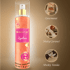 Shimmer body mist in a clear bottle with a gold spray nozzle, featuring a light shimmer effect and floral fragrance label