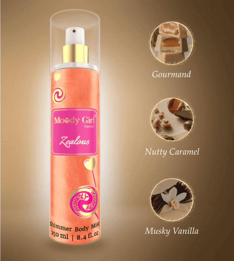 Shimmer body mist in a clear bottle with a gold spray nozzle, featuring a light shimmer effect and floral fragrance label