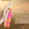 Shimmer body mist in a clear bottle with a gold spray nozzle, featuring a light shimmer effect and floral fragrance label