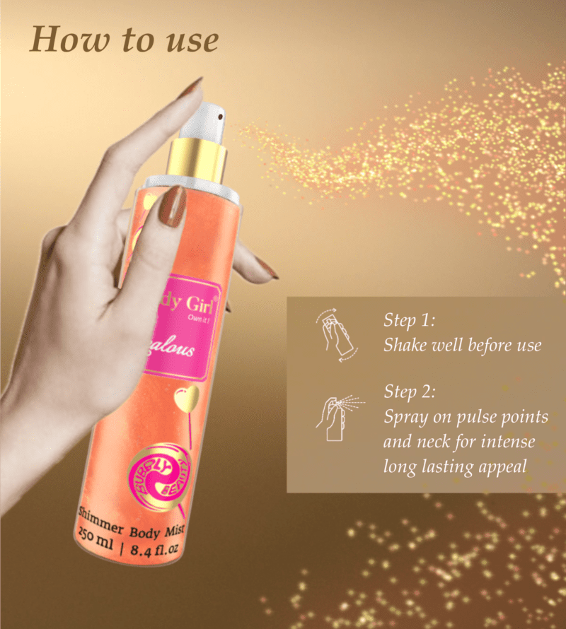 Shimmer body mist in a clear bottle with a gold spray nozzle, featuring a light shimmer effect and floral fragrance label