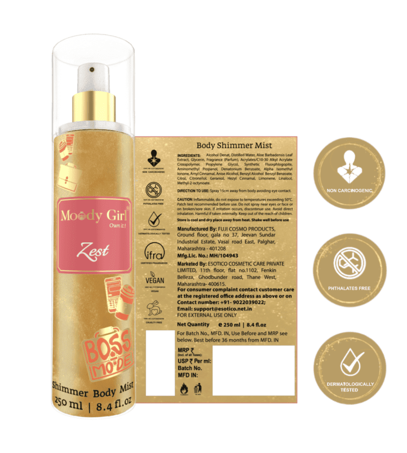 Shimmer body mist in a clear bottle with a gold spray nozzle, featuring a light shimmer effect and floral fragrance label