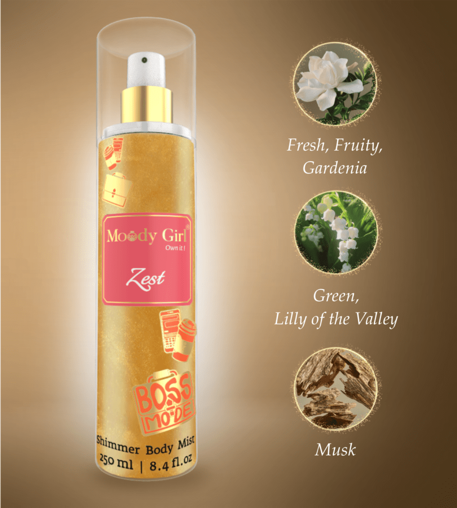 Shimmer body mist in a clear bottle with a gold spray nozzle, featuring a light shimmer effect and floral fragrance label
