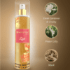 Shimmer body mist in a clear bottle with a gold spray nozzle, featuring a light shimmer effect and floral fragrance label