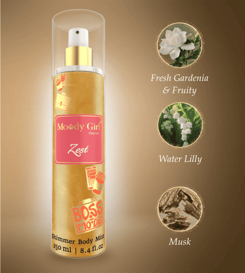 Shimmer body mist in a clear bottle with a gold spray nozzle, featuring a light shimmer effect and floral fragrance label
