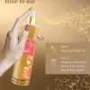 Shimmer body mist in a clear bottle with a gold spray nozzle, featuring a light shimmer effect and floral fragrance label