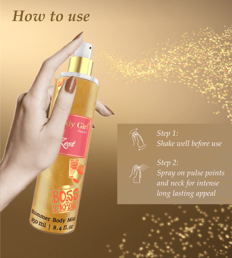 Shimmer body mist in a clear bottle with a gold spray nozzle, featuring a light shimmer effect and floral fragrance label