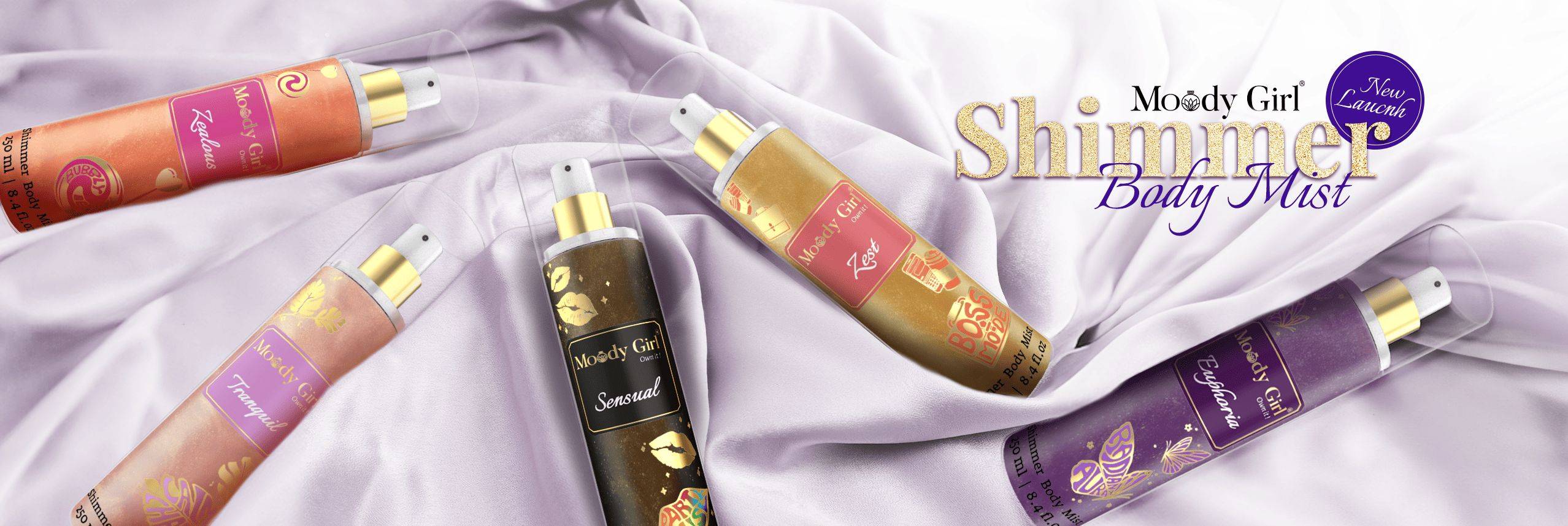Shimmer body mist in a clear bottle with a gold spray nozzle, featuring a light shimmer effect and floral fragrance label